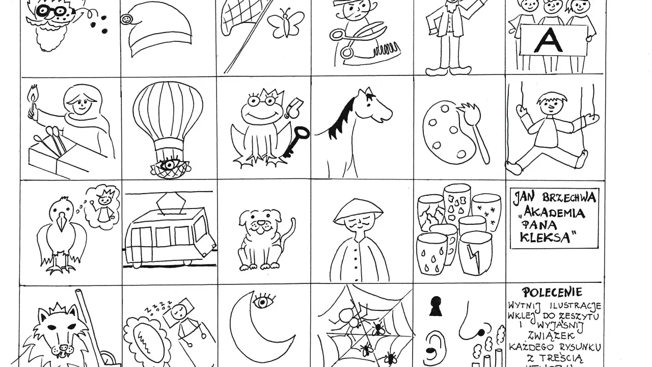 Ilustracje do "Akademii Pana Kleksa": pan Kleks, balon, żaba z kluczem, koń, paleta, lalka, wilk, księżyc, pajęczyna.