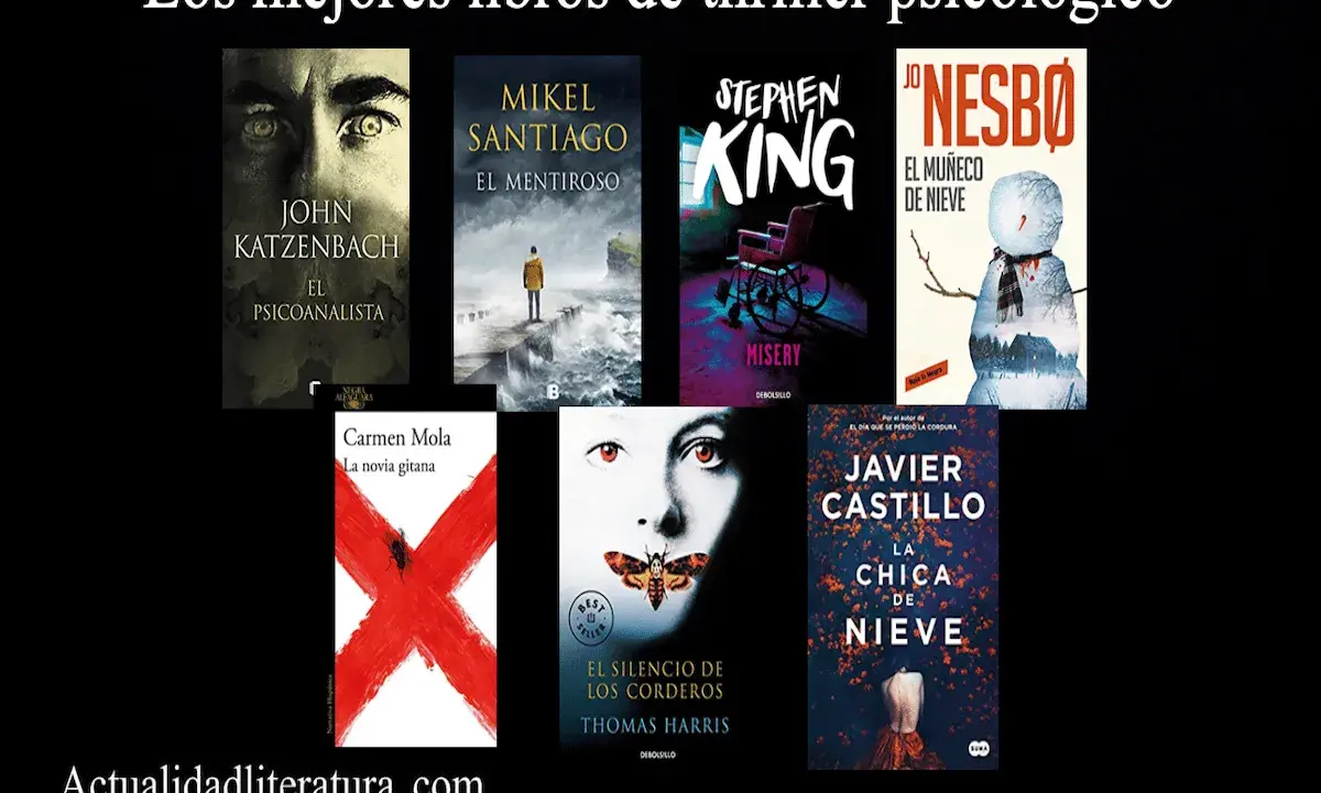 Kolekcja najlepszych thrillerów psychologicznych: "El psicoanalista", "El mentiroso", "Misery", "El muñeco de nieve", "La novia gitana", "El silencio de los corderos" i "La chica de nieve".