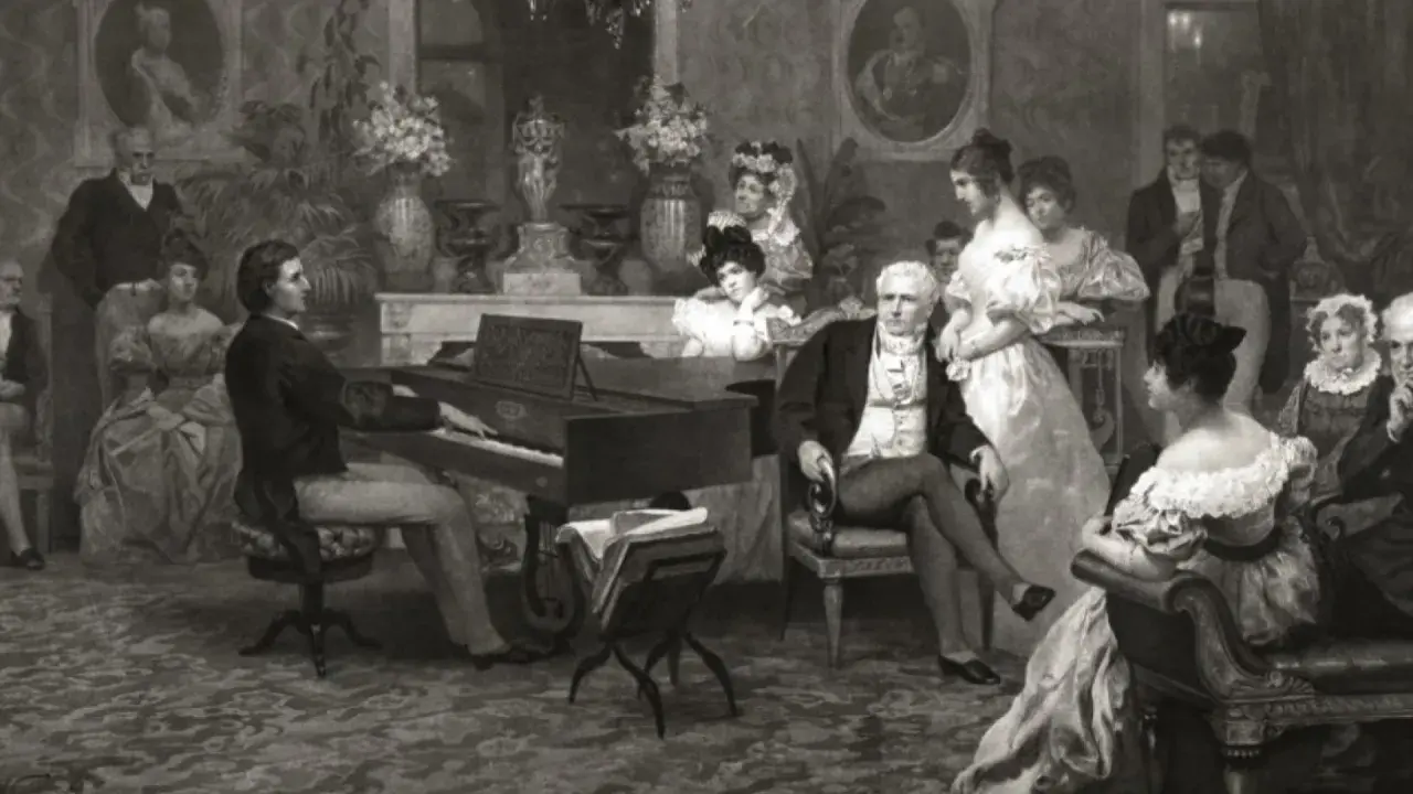 Fryderyk Chopin, w otoczeniu eleganckiego towarzystwa, gra na fortepianie. Krótka biografia kompozytora w obrazie.