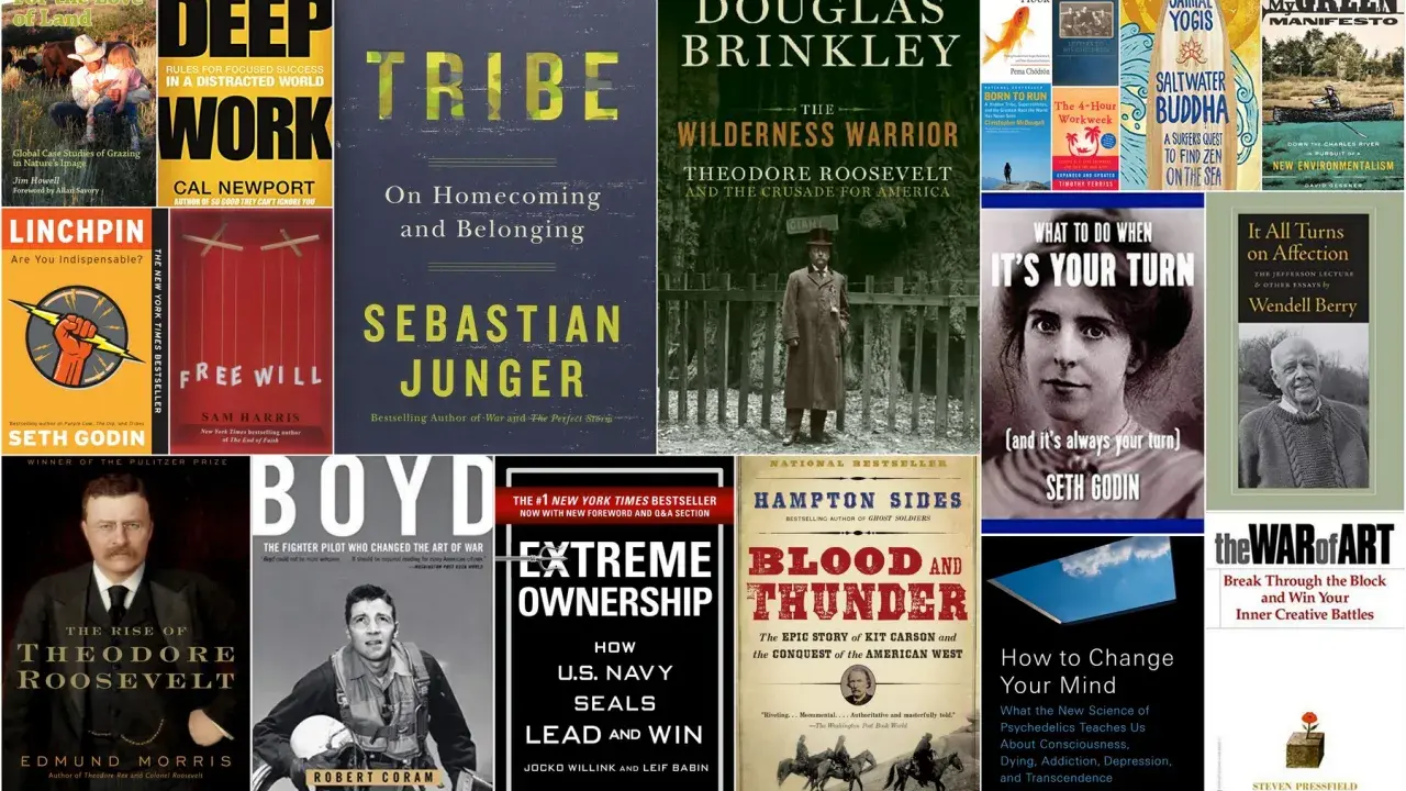 Książki dla dorosłych: "Deep Work", "Tribe", "The Wilderness Warrior", "Free Will", "Blood and Thunder", "The War of Art" i inne wartościowe pozycje.