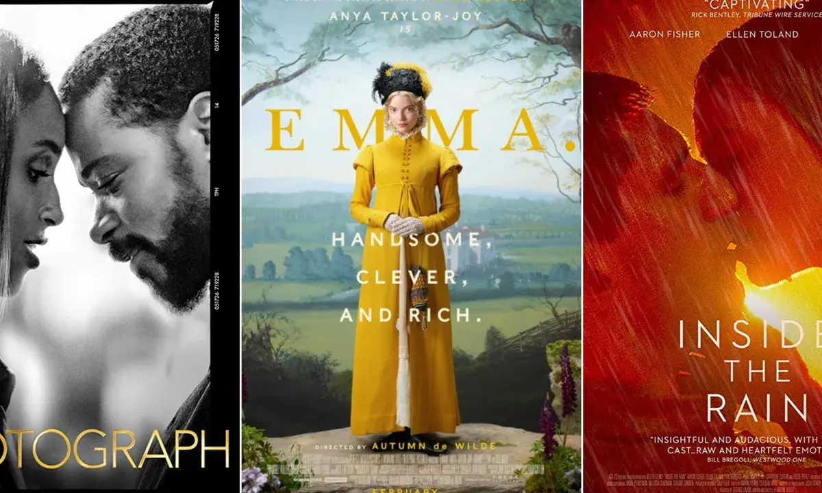Trzy plakaty filmowe: czarno-biały romans "The Photograph", kostiumowa "Emma" na podstawie powieści Jane Austen i dramatyczny "Inside the Rain".
