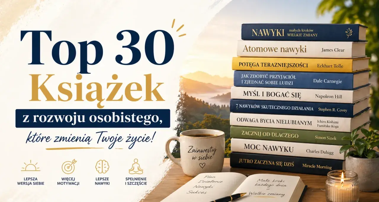 Inspirujące książki z rozwoju osobistego, które zmieniają życie. Stos książek, kubek kawy i notatnik z planami na lepszą wersję siebie.