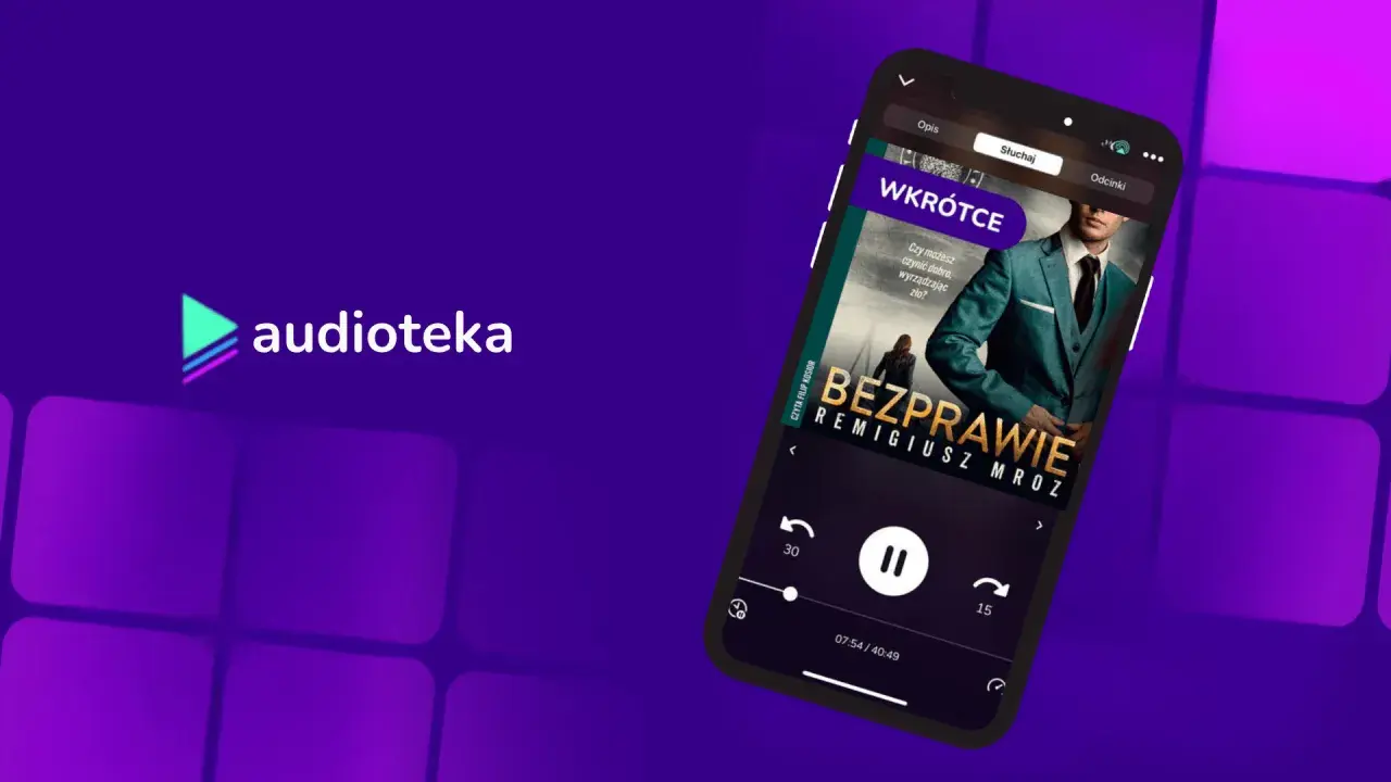 Aplikacja Audioteka z okładką książki "Bezprawie" Remigiusza Mroza. Wkrótce usłyszysz tę historię.