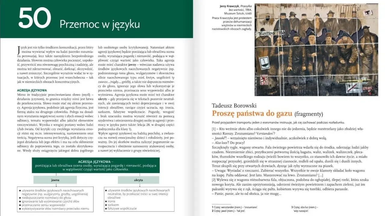 Mityzacja w literaturze: agresja językowa jako forma przemocy, jawna i ukryta, z przykładami z tekstów.
