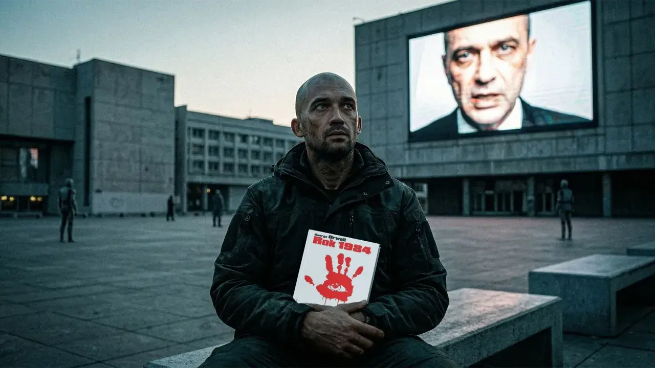 Mężczyzna trzyma książkę "Rok 1984" George'a Orwella (Eric Arthur Blair). Na ekranie w tle twarz Wielkiego Brata.