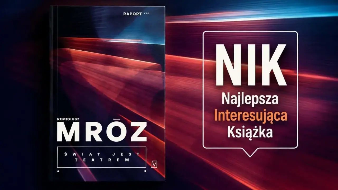 Okładka najnowszej książki Remigiusza Mróza "Raport EP.2". Obok napis "NIK Najlepsza Interesująca Książka".