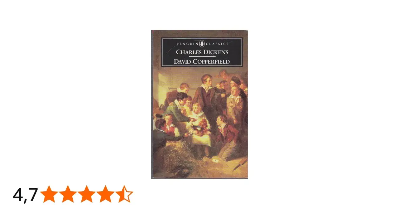 Okładka książki "David Copperfield" Charlesa Dickensa. Grupa chłopców w strojach z epoki, jeden z nich trzyma koszyk z jabłkami.