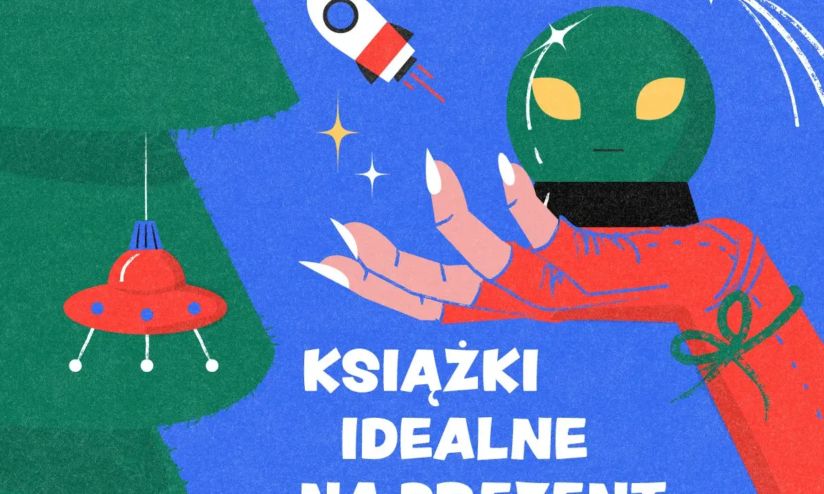 Kosmiczna ręka trzyma głowę obcego, a obok latają spodki i rakiety. Idealne na prezent są najlepsze książki fantasy.