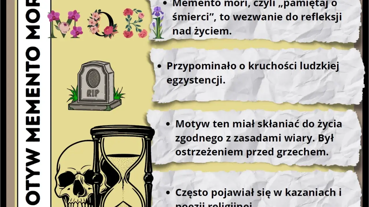 Motyw Memento Mori: czaszka, klepsydra, nagrobek. Przypomina o kruchości życia, skłania do refleksji, jak w hagiografii.