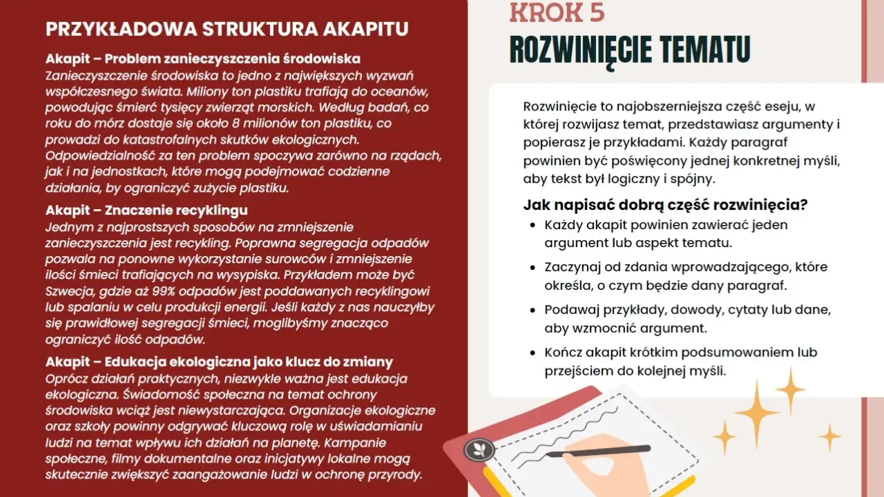 Jak pisać esej: rozwinięcie tematu, przykładowa struktura akapitu, problem zanieczyszczenia środowiska, znaczenie recyklingu, edukacja ekologiczna.