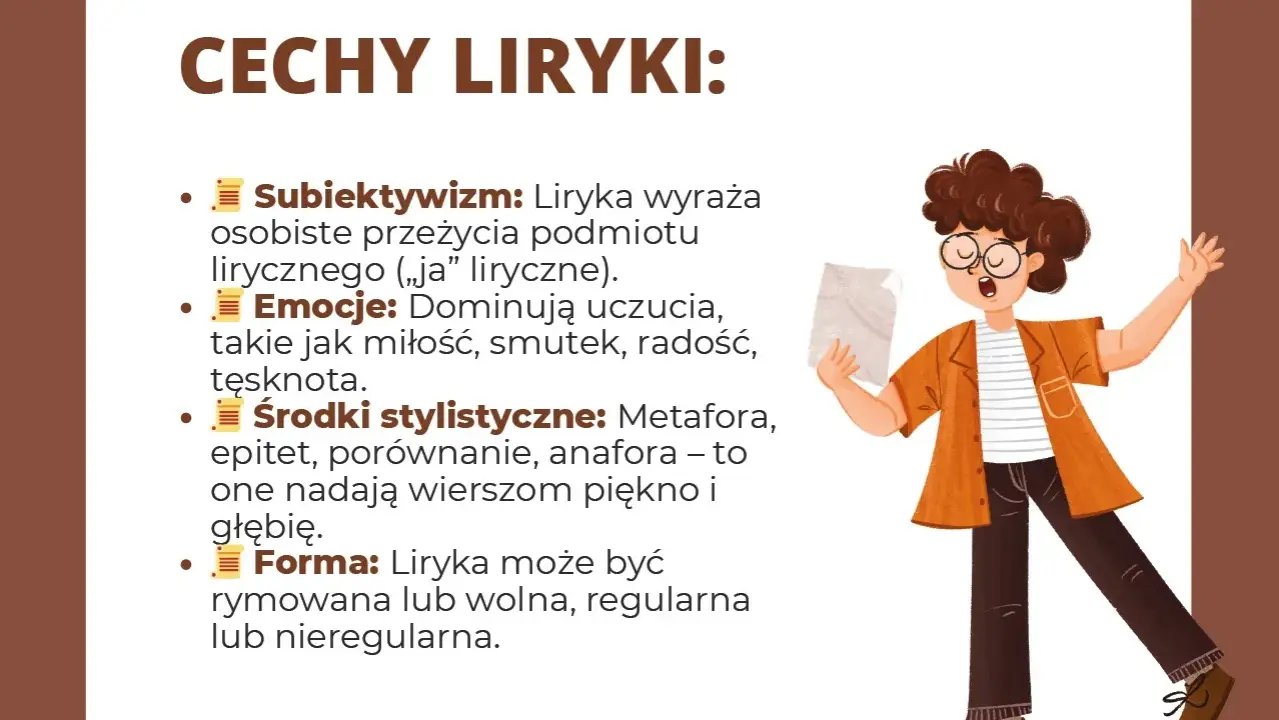Co to liryka? Wyjaśnienie cech: subiektywizm, emocje, środki stylistyczne i forma. Ilustracja przedstawia młodą osobę czytającą wiersz.