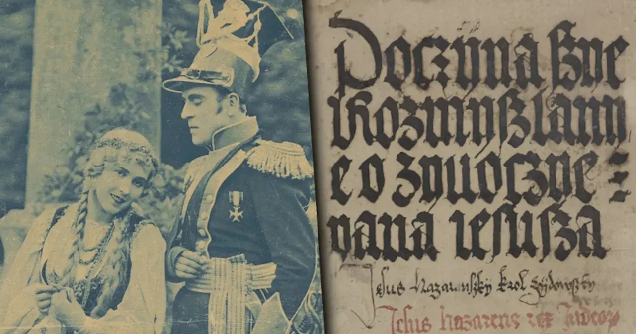 Para z epoki, obok fragmentu średniowiecznego tekstu, symbolizująca bogactwo najważniejszych dzieł literatury polskiej.