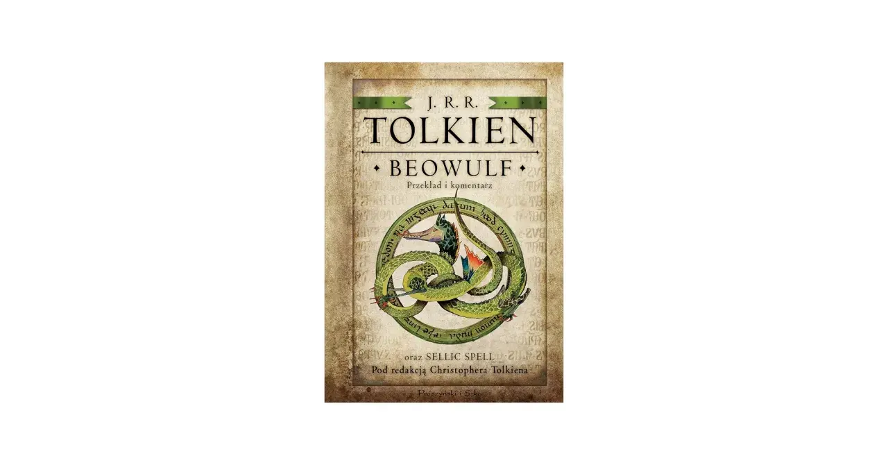 Okładka książki J.R.R. Tolkiena "Beowulf" z ilustracją smoka, klasyka literatury angielskiej.
