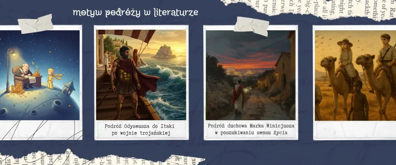Motyw podróży lektury: Mały Książę na planecie, Odyseusz na morzu, Marek Winicjusz w drodze do Rzymu, dzieci na wielbłądach.