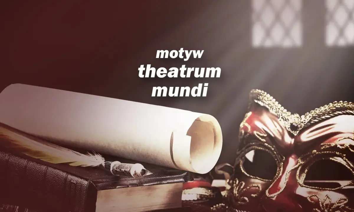 Stara księga, pióro i maska karnawałowa przywołują motyw theatrum mundi – świata jako sceny.