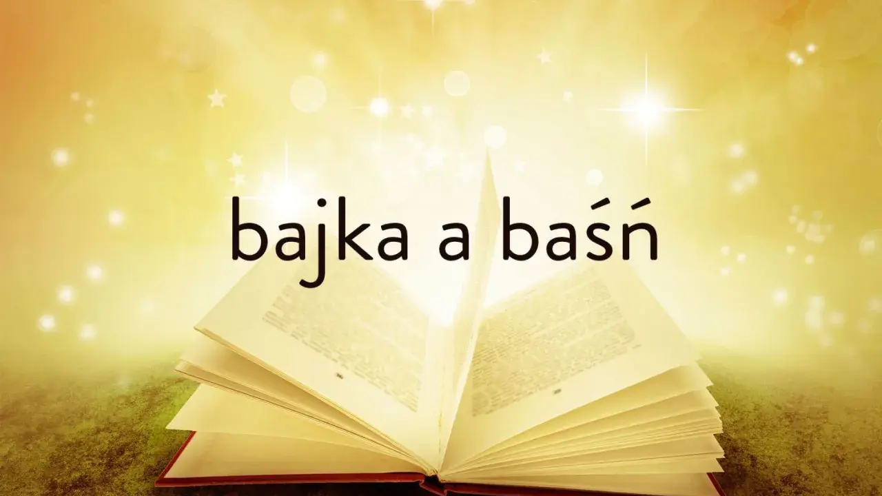 Otwarta księga, z której wyłaniają się słowa "bajka a baśń". Magiczne światło otacza strony, sugerując świat fantazji.