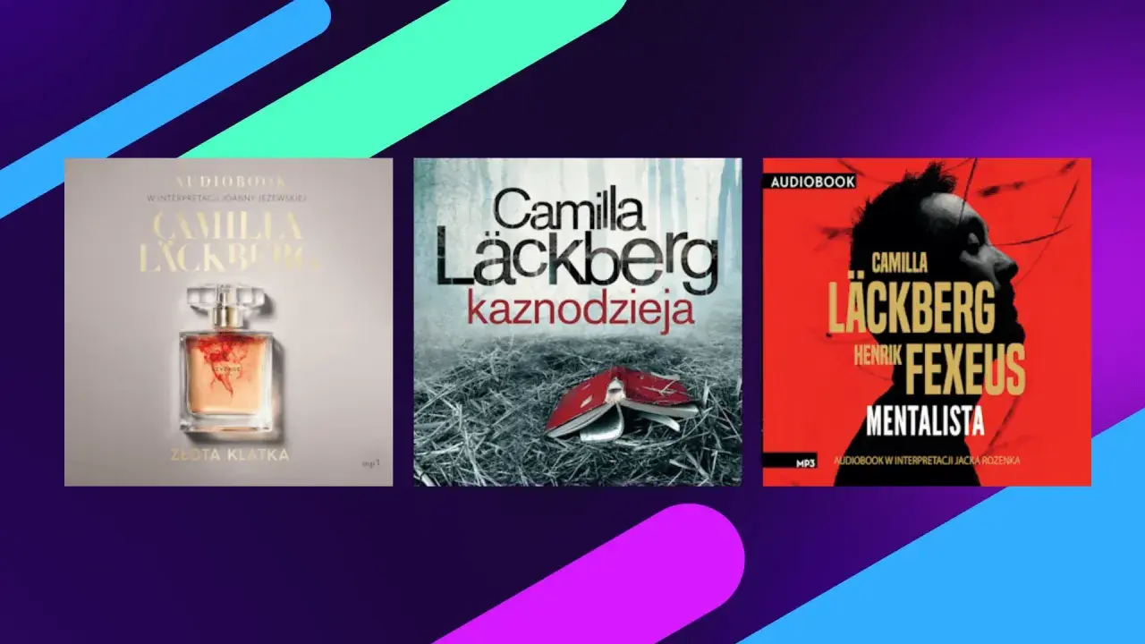 Okładki audiobooków z serii Camilla Läckberg: "Złota klatka", "Kaznodzieja" i "Mentalista" autorstwa Camilli Läckberg i Henrika Fexeusa.