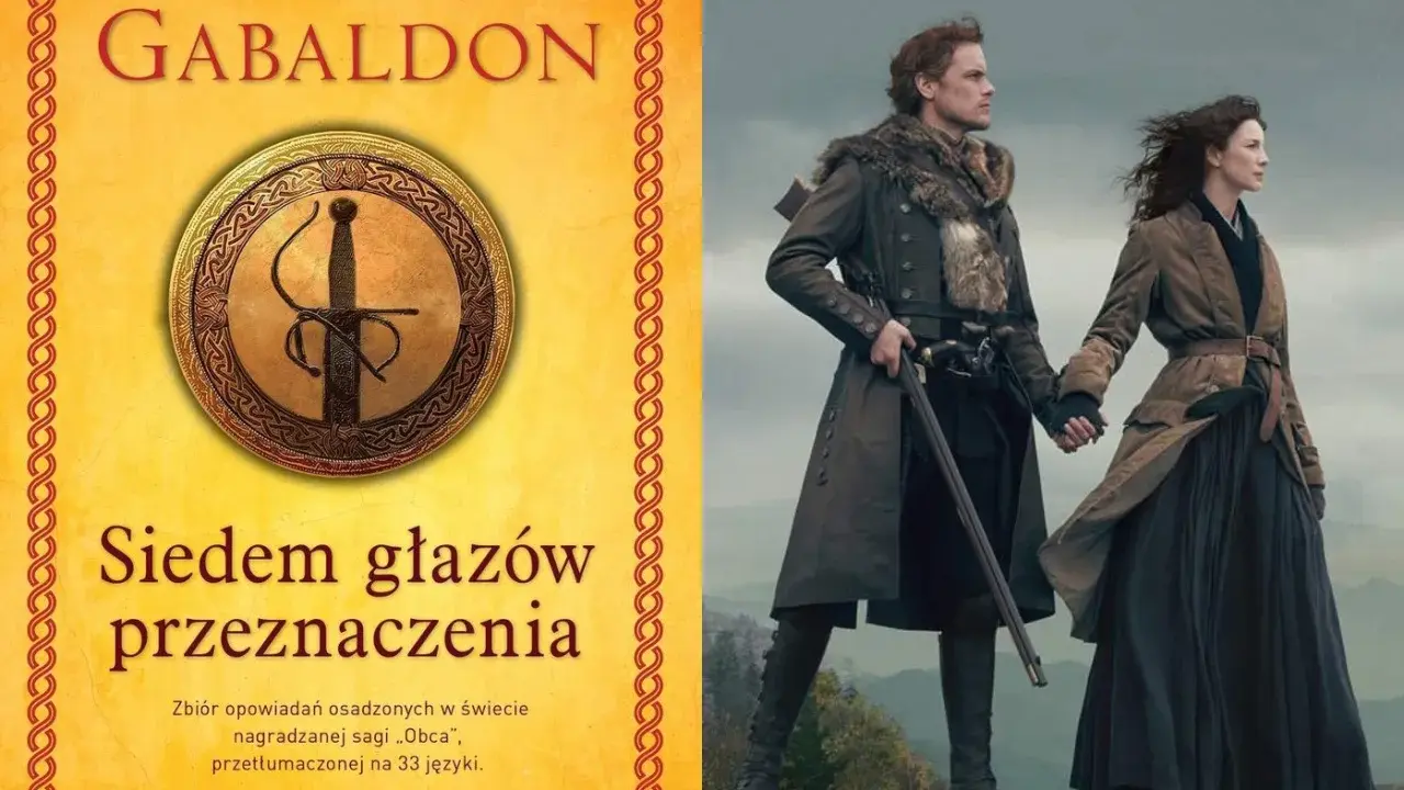 Okładka książki Diany Gabaldon "Siedem głazów przeznaczenia" i para z serialu "Outlander", który jest częścią sagi.