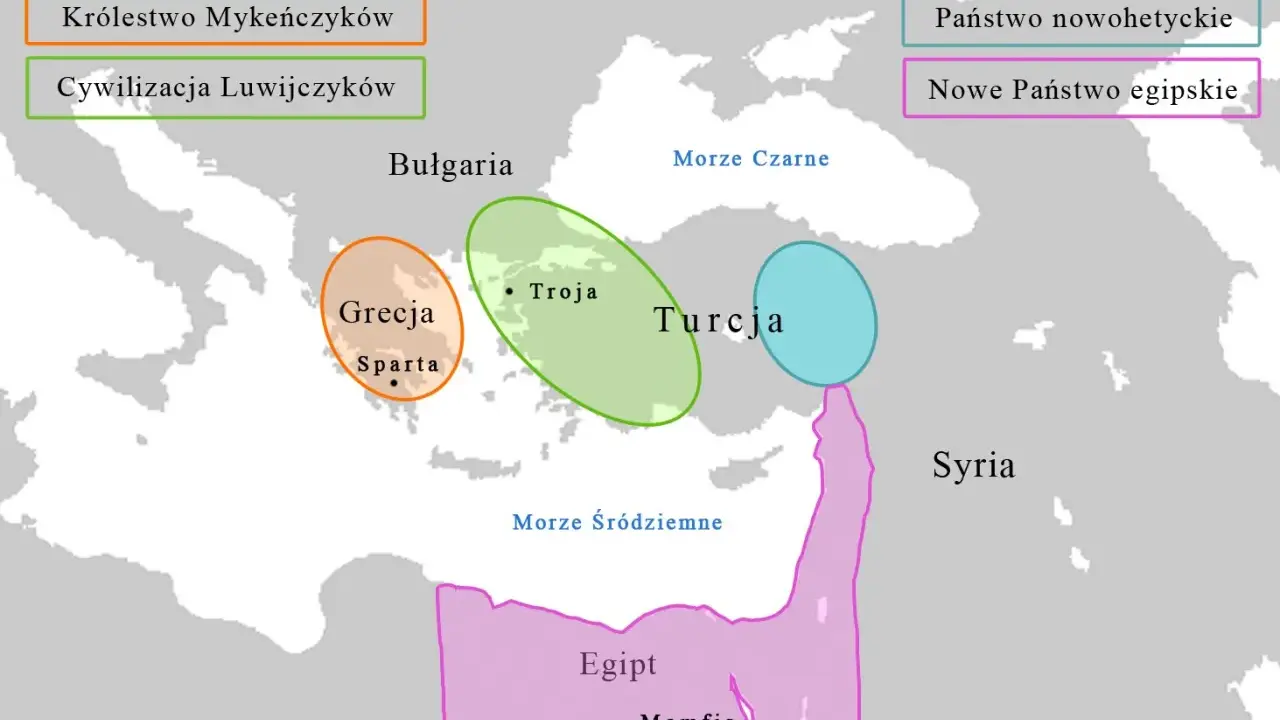 Mapa ukazująca tereny wojny trojańskiej: Grecja, Troja, Egipt, Syria, Bułgaria, Państwo Nowohetyckie.