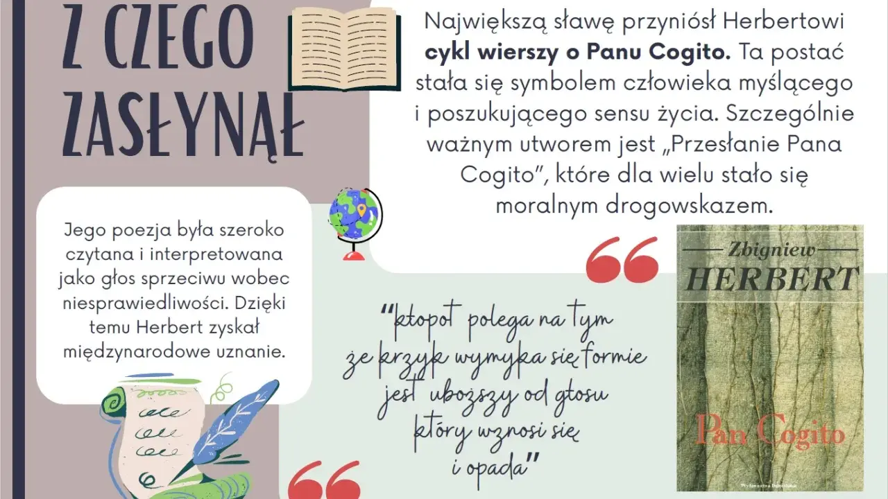 Zbigniew Herbert, twórca postaci Pana Cogito, zyskał sławę dzięki cyklowi wierszy o tej postaci.