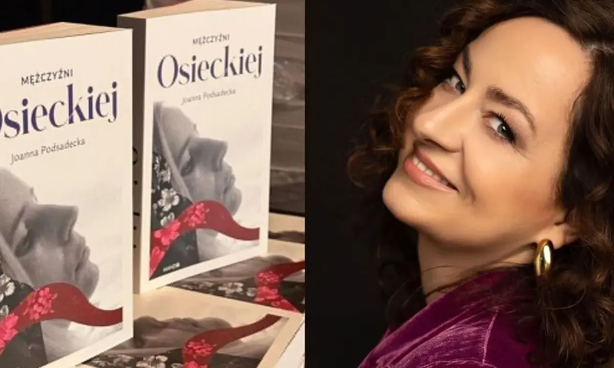 Joanna Podsadęcka i jej książka "Mężczyźni Osieckiej". Uśmiechnięta autorka na tle okładek.