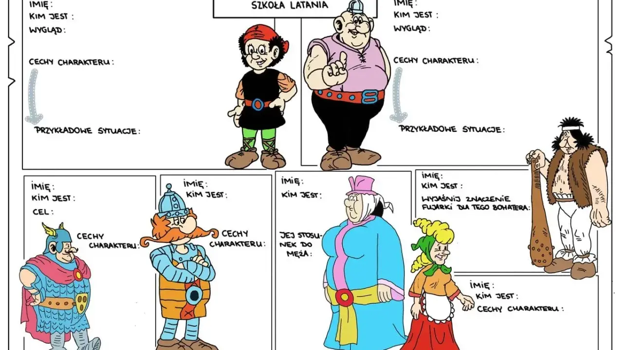 Postacie z komiksu Kajko i Kokosz: Szkoła latania. Opis bohaterów, ich cech i przykładowych sytuacji.