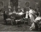 Fryderyk Chopin, w otoczeniu eleganckiego towarzystwa, gra na fortepianie. Krótka biografia kompozytora w obrazie.