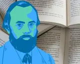 Portret mężczyzny na tle otwartej książki, nawiązujący do powieści Dostojewskiego.