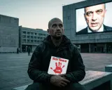 Mężczyzna trzyma książkę "Rok 1984" George'a Orwella (Eric Arthur Blair). Na ekranie w tle twarz Wielkiego Brata.