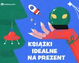 Kosmiczna ręka trzyma głowę obcego, a obok latają spodki i rakiety. Idealne na prezent są najlepsze książki fantasy.