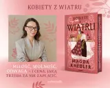 Magda Knedler, autorka "Kobiet z wiatru", w okularach i szarym żakiecie, obok okładki swojej książki.