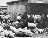 Ludzie z bagażami przed barakiem w Auschwitz. W tle widać innych ludzi i budynki.