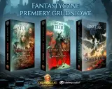 Okładki książek fantasy: "Z krwi i ognia" (t. 2 i 3) Henryka Tura oraz "Ślepiec" Romualda Pawlaka. Ciekawe książki fantasy dla dorosłych.
