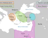 Mapa ukazująca tereny wojny trojańskiej: Grecja, Troja, Egipt, Syria, Bułgaria, Państwo Nowohetyckie.