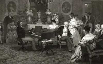 Fryderyk Chopin, w otoczeniu eleganckiego towarzystwa, gra na fortepianie. Krótka biografia kompozytora w obrazie.