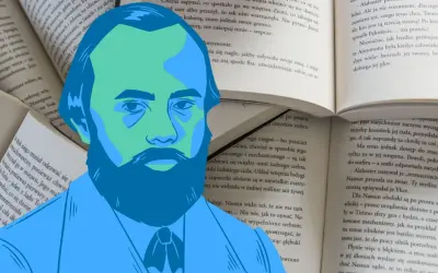 Portret mężczyzny na tle otwartej książki, nawiązujący do powieści Dostojewskiego.