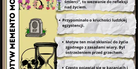 Motyw Memento Mori: czaszka, klepsydra, nagrobek. Przypomina o kruchości życia, skłania do refleksji, jak w hagiografii.