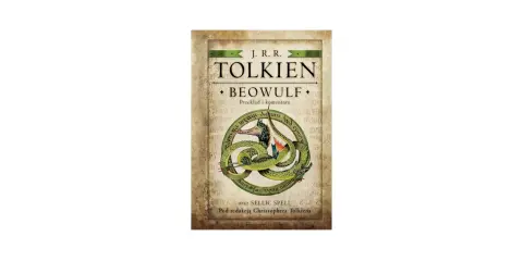 Okładka książki J.R.R. Tolkiena "Beowulf" z ilustracją smoka, klasyka literatury angielskiej.