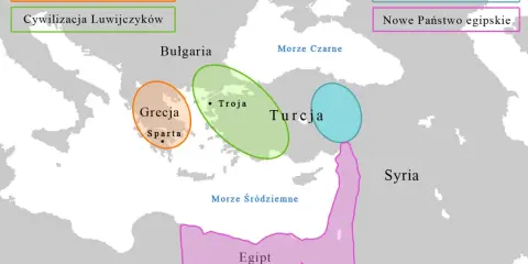 Mapa ukazująca tereny wojny trojańskiej: Grecja, Troja, Egipt, Syria, Bułgaria, Państwo Nowohetyckie.