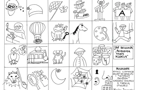 Ilustracje do "Akademii Pana Kleksa": pan Kleks, balon, żaba z kluczem, koń, paleta, lalka, wilk, księżyc, pajęczyna.
