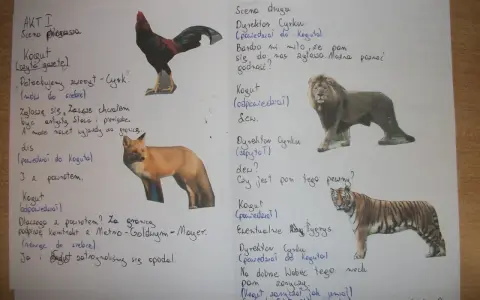 Artysta streszczenie: Kogut, lis, lew i tygrys w cyrku. Tekst przedstawia dialogi zwierząt i dyrektora cyrku.