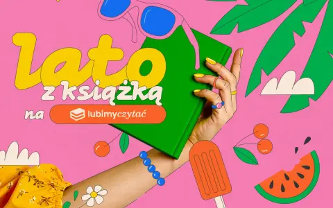 Letnie słońce, okulary i ciekawe książki na różowym tle. Ręka trzyma zieloną książkę, obok są wiśnie, arbuz i lody.