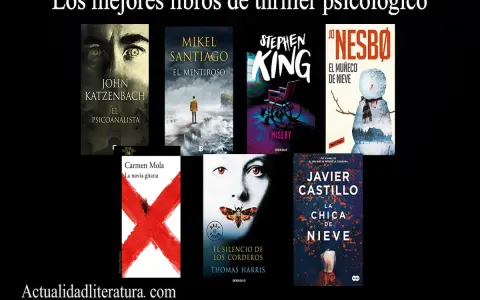 Kolekcja najlepszych thrillerów psychologicznych: "El psicoanalista", "El mentiroso", "Misery", "El muñeco de nieve", "La novia gitana", "El silencio de los corderos" i "La chica de nieve".
