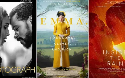 Trzy plakaty filmowe: czarno-biały romans "The Photograph", kostiumowa "Emma" na podstawie powieści Jane Austen i dramatyczny "Inside the Rain".