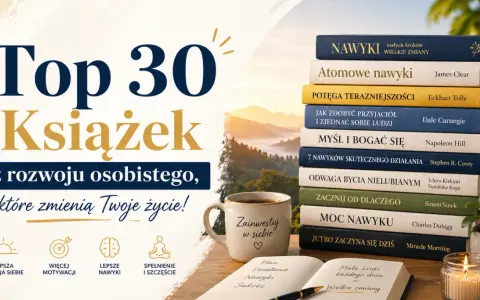 Inspirujące książki z rozwoju osobistego, które zmieniają życie. Stos książek, kubek kawy i notatnik z planami na lepszą wersję siebie.