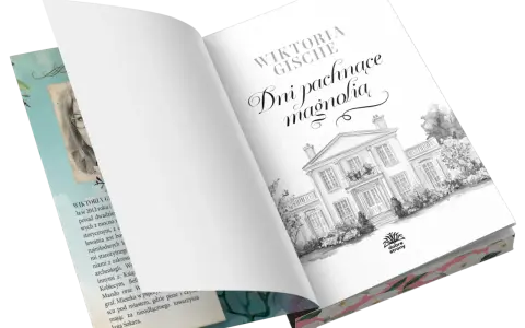 Okładka książki "Dni pachnące magnolią" Wiktorii Gische z rysunkiem dworu i magnolii.