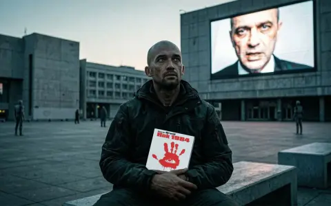 Mężczyzna trzyma książkę "Rok 1984" George'a Orwella (Eric Arthur Blair). Na ekranie w tle twarz Wielkiego Brata.