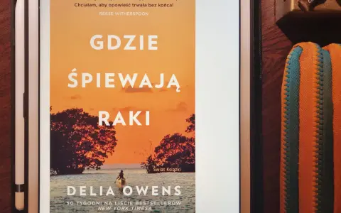 Okładka książki "Gdzie śpiewają raki" z Delia Owens. Na pomarańczowym tle zachodzącego słońca, widać sylwetki drzew i kajakarza na wodzie.