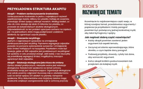 Jak pisać esej: rozwinięcie tematu, przykładowa struktura akapitu, problem zanieczyszczenia środowiska, znaczenie recyklingu, edukacja ekologiczna.