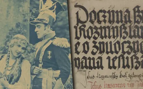 Para z epoki, obok fragmentu średniowiecznego tekstu, symbolizująca bogactwo najważniejszych dzieł literatury polskiej.